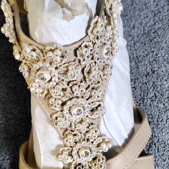 Womens Beaded Wedge Sandals Size US 10 Beige Rhinestone Floral Slingback Boho - Picture 2 of 11